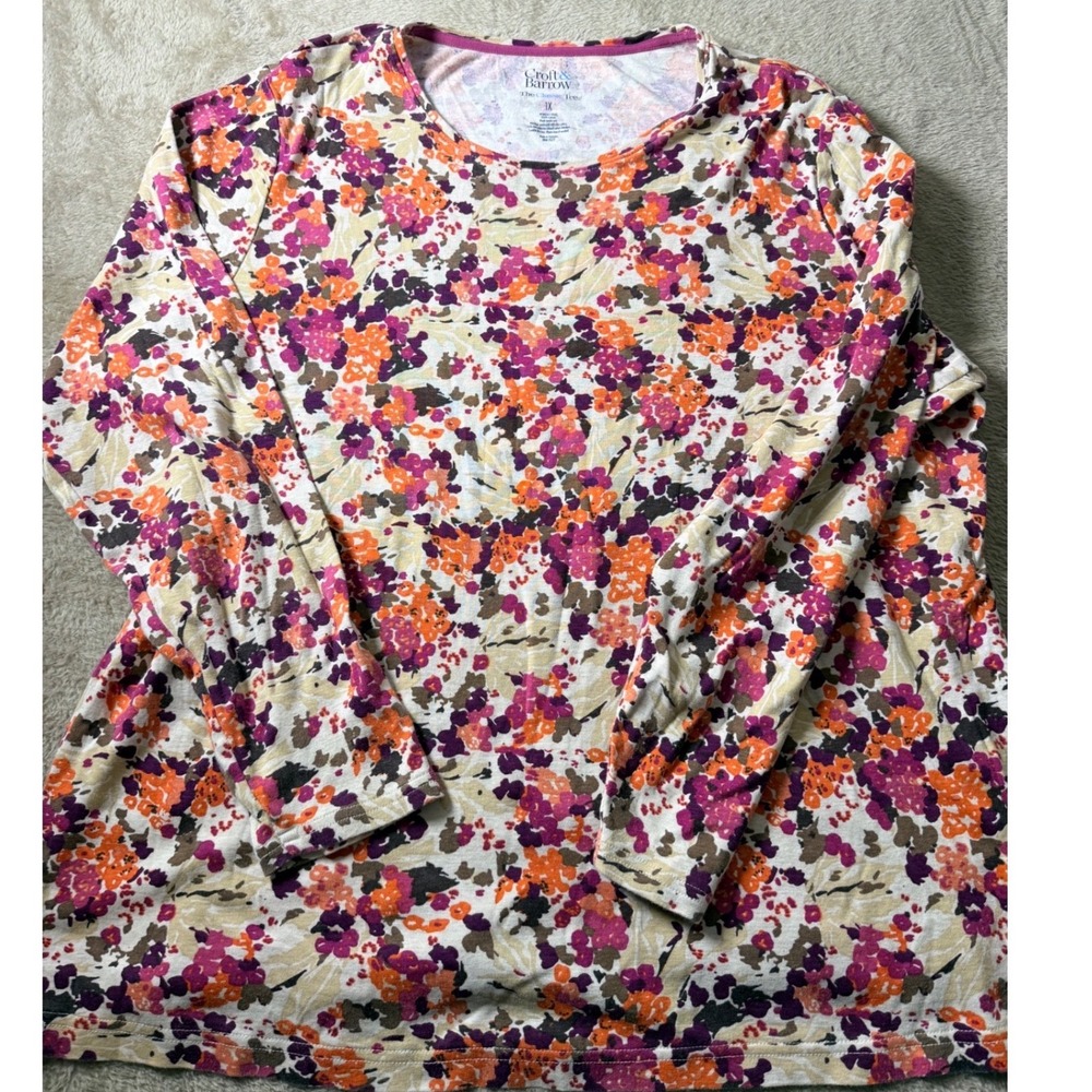 Croft & Barrow Womens 1X Classic Tee Floral Long Sleeve Cotton Top Purple Orange